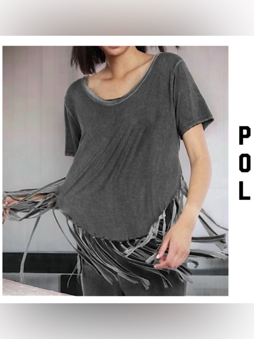 New POL Boho Western Charcoal Gray Fringed Cropped Tee Shirt
